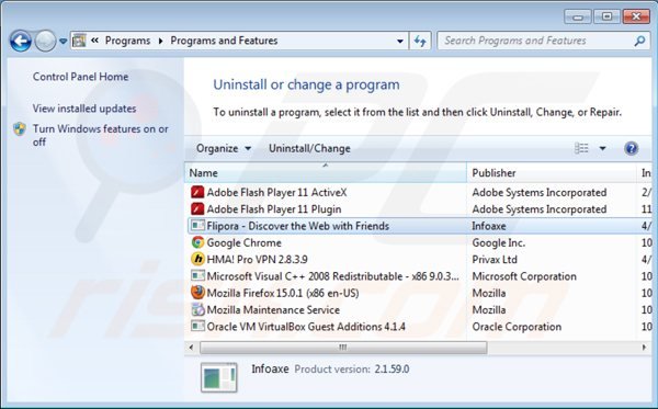 Désinstallation de flipora uninstall via le Panneau de Configuration