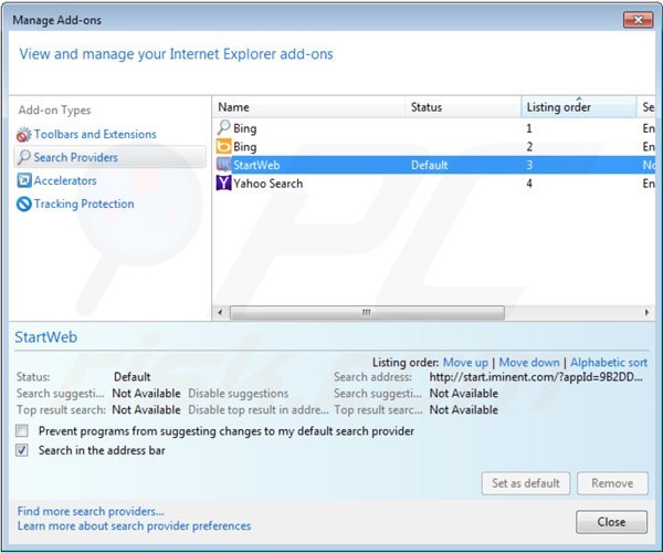 Suppression du moteur de recherche par défaut de start.iminent.com dans Internet Explorer 