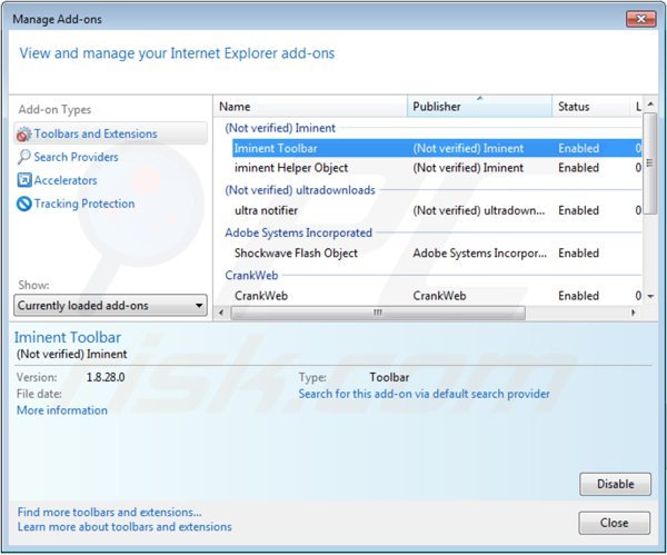 Suppression des extensions de la barre d'outils iminent dans Internet Explorer 