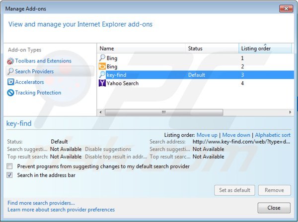 Suppression des paramètres du moteur de recherche par défaut de key-find.com dans Internet Explorer 