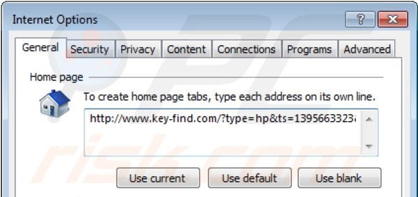 Suppression de la page d'accueil de key-find.com dans Internet Explorer 