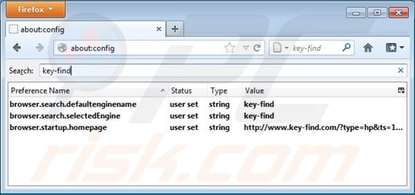 Suppression des paramètres du moteur de recherche par défaut de key-find.com dans Mozilla Firefox 