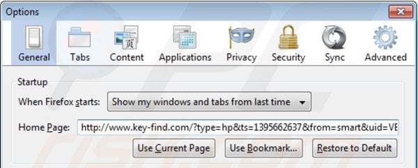 Suppression de la page d'accueil de key-find.com dans Mozilla Firefox 