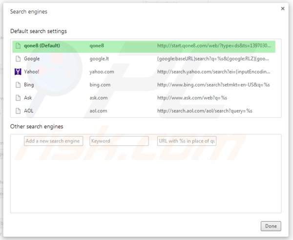 Suppression du moteur de recherche par défaut de start.qone8.com dans Google Chrome 