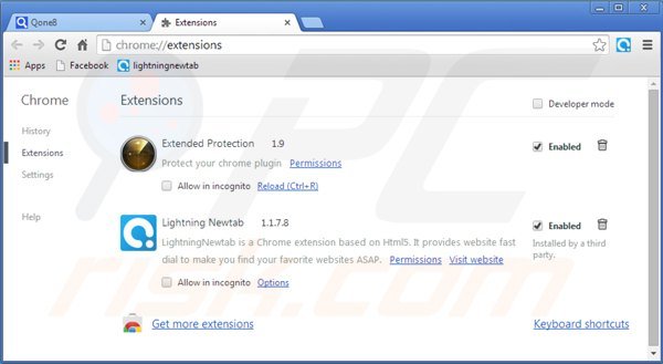 Suppression des extensions reliées à qone8.com dans Google Chrome 