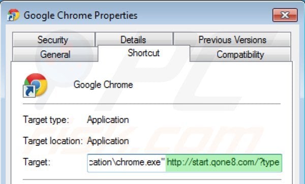 Suppression du raccourci cible de start.qone8.com dans Google Chrome étape 2