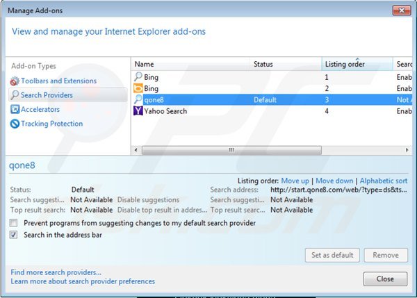 Suppression du moteur de recherche par défaut de start.qone8.com dans Internet Explorer 