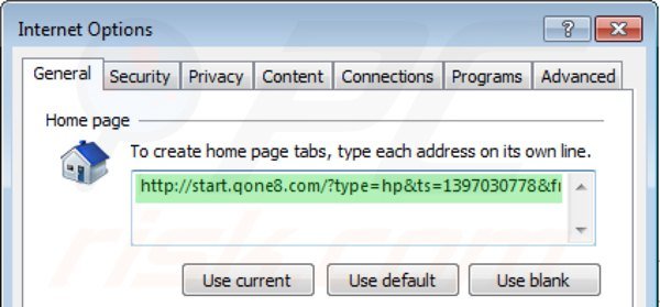 Suppression de la page d'accueil de start.qone8.com dans Internet Explorer 