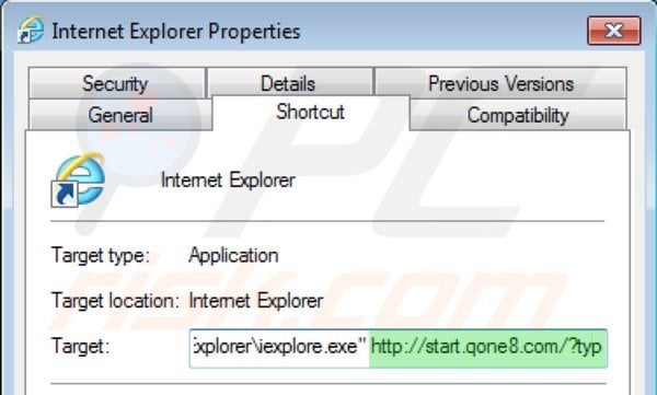 Suppression du raccourci cible de start.qone8.com dans Internet Explorer étape 2