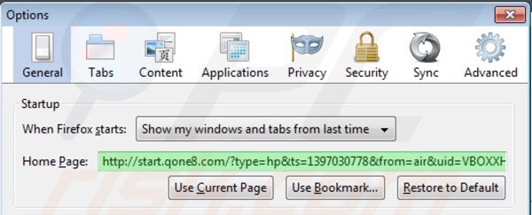 Suppression de la page d'accueil de start.qone8.com dans Mozilla Firefox 