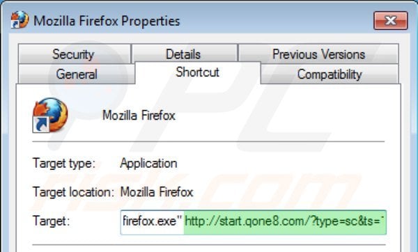 Suppression du raccourci cible de start.qone8.com dans Mozilla Firefox étape 2