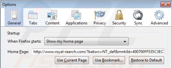 Suppression de la page d'accueil de royal-search.com dans Mozilla Firefox 