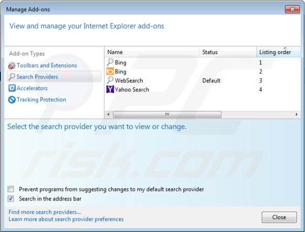 Supprimer les paramètres du moteur de recherche par défaut de websearch.searchissimple.info dans Internet Explorer 