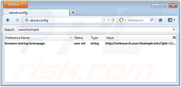 Suppression des paramètres du moteur de recherche par défaut de websearch.searchissimple.info dans Mozilla Firefox 