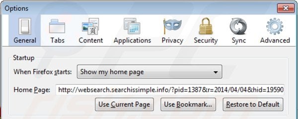 Suppression de la page d'accueil de websearch.searchissimple.info dans Mozilla Firefox 