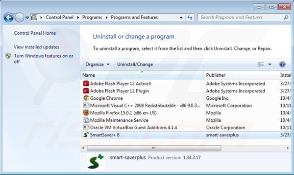 désinstallation de smartsaver via le Panneau de Configuration