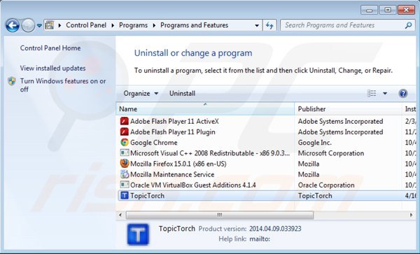 Désinstallation de topic torch via le Panneau de Configuration