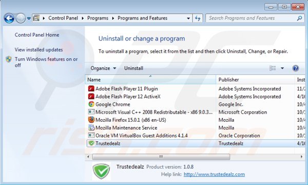 Désinstallation de trustedealz via le Panneau de Configuration