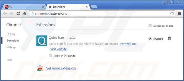 Suppression des extensions reliées à v9.com dans Google Chrome