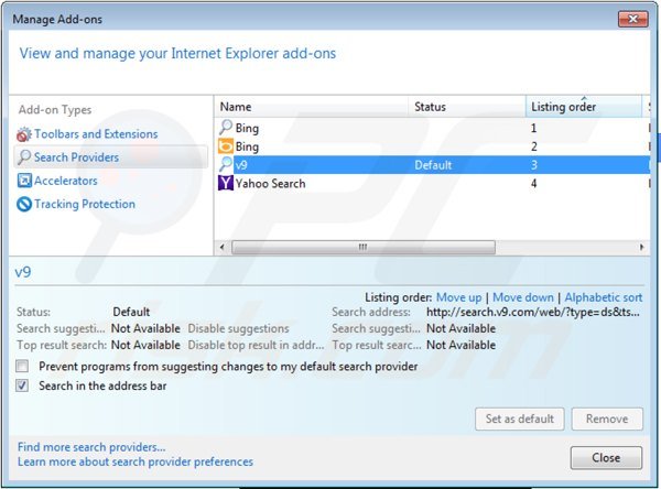 Suppression du moteur de recherche par défaut de v9.com dans Internet Explorer 