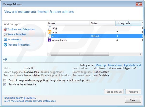 Suppression du moteur de recherche par défaut de v9.com dans Internet Explorer 
