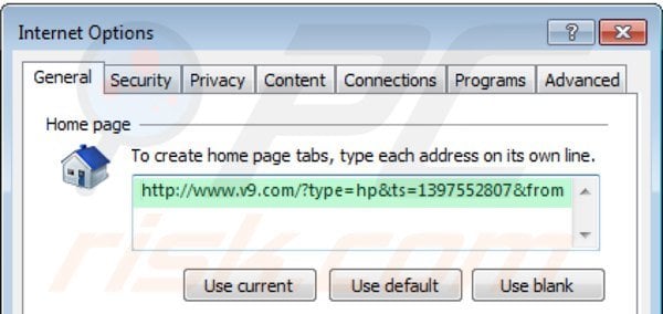 Suppression de la page d'accueil de v9.com dans Internet Explorer 