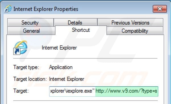 Suppression du raccourci cible de v9.com dans Internet Explorer étape 2