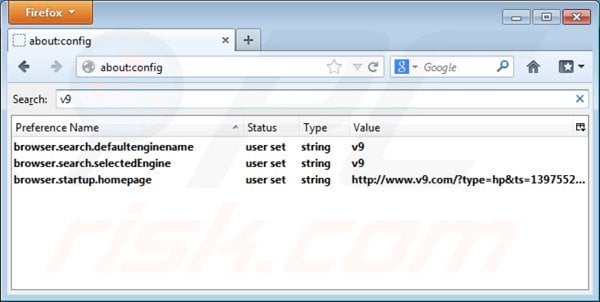 Suppression du moeteur de recherche par défaut de v9.com dans Mozilla Firefox 