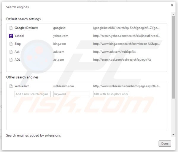 Suppression du moteur de recherche par défaut de websearch.com dans Google Chrome 