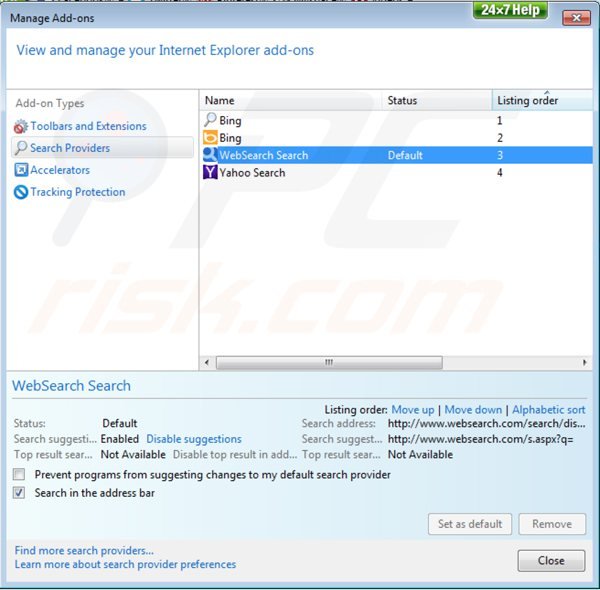 Suppression du moteur de recherche par défaut de websearch.com dans Internet Explorer 