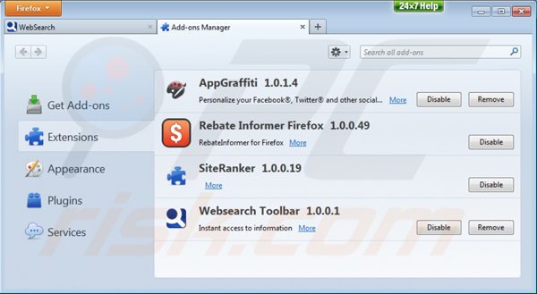 Suppression des extensions de la barre d'outils websearch dans Mozilla Firefox 