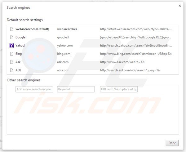Suppression des paramètres du moteur de recherche par défaut d'istart.webssearches.com dans Google Chrome 