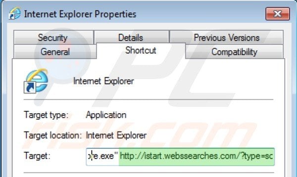 Suppression des raccourcis cibles d'istart.webssearches.com dans Internet Explorer étape 2