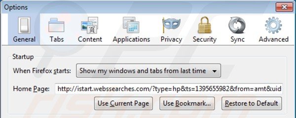 Suppression de la page d'accueil d'istart.webssearches.com dans Mozilla Firefox 