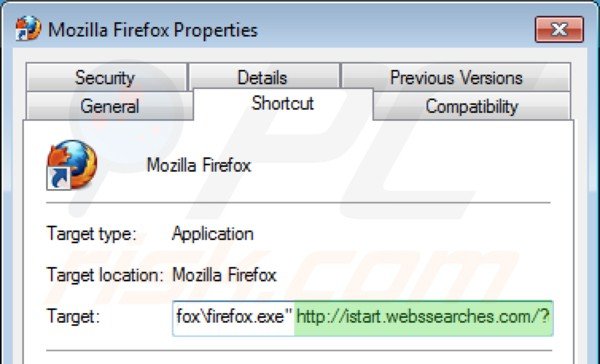 Suppression des raccourcis cibles d'istart.webssearches.com dans Mozilla Firefox étape 2