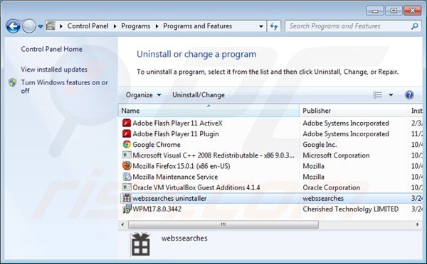 webssearches uninstall via Control Panel
