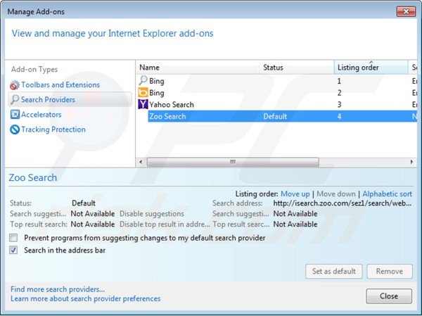 Suppression des paramètres du moteur de recherche par défaut d'isearch.zoo.com dans Internet Explorer 