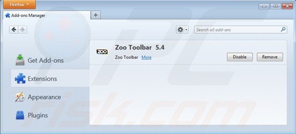 Suppression des extensions de la barer d'outils zoo dans Mozilla Firefox 