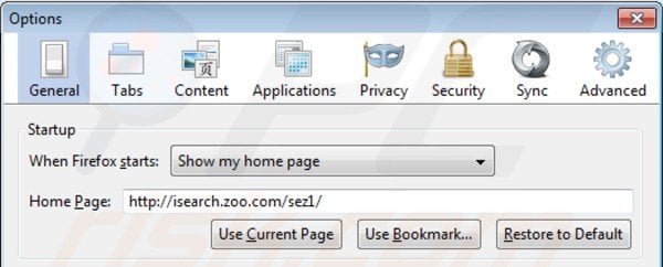 Suppression de la page d'accueil d'isearch.zoo.com dans Mozilla Firefox 