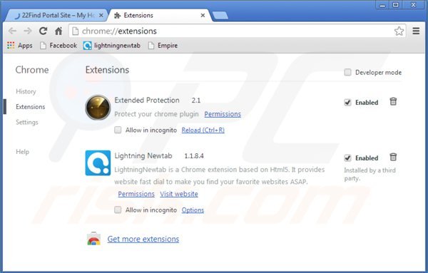 Suppression des extensions reliées à22find.com dans Google Chrome 