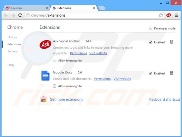 Suppression des extensions de la barre d'outils ask social dans Google Chrome 