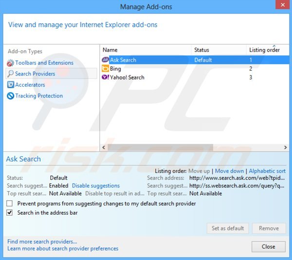 Suppression du moteur de recherche par défaut de la barre d'outils ask social dans Internet Explorer