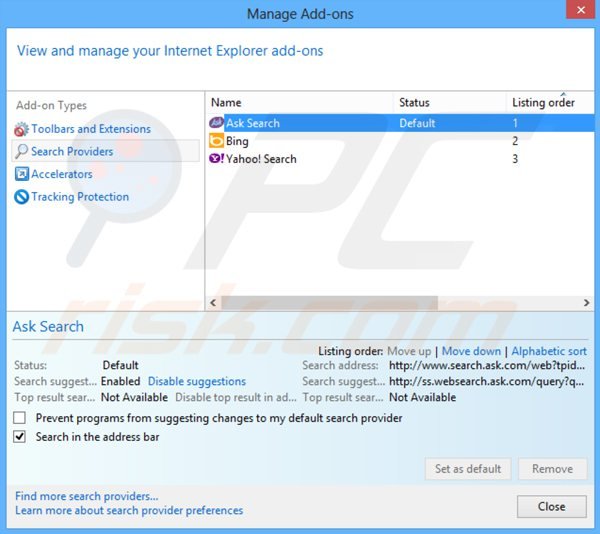 Suppression du moteur de recherche par défaut de la barre d'outils ask social dans Internet Explorer