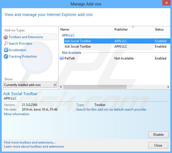 Suppression des extensions de la barre d'outils ask social dans Internet Explorer 