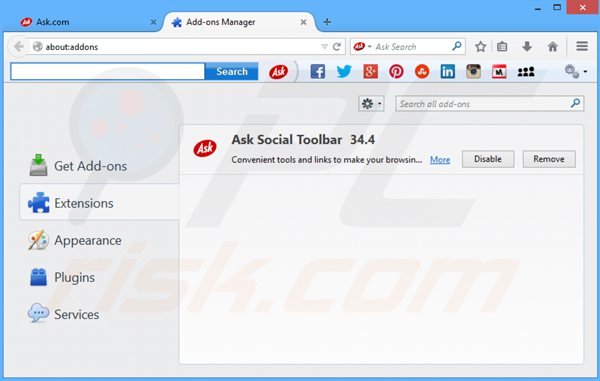 Suppression des extensions de la barre d'outils ask social dans Mozilla Firefox 