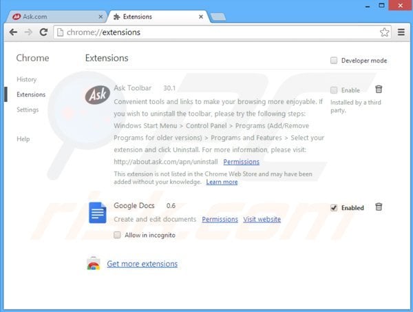 Removing ask-tb.com related Google Chrome extensions