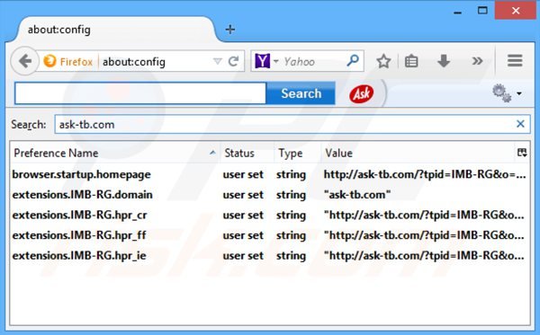 Suppression des paramètres du moteur de recherche par défaut d'ask-tb.com dans Mozilla Firefox 