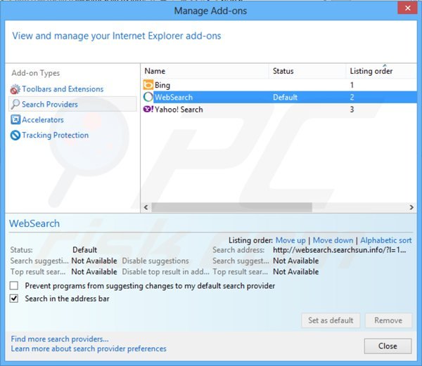 Suppression du moteur de recherche par défaut de websearch.awsomesearchs.info dans Internet Explorer