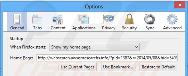 Suppression de la page d'accueil de websearch.awsomesearchs.info dans Mozilla Firefox 