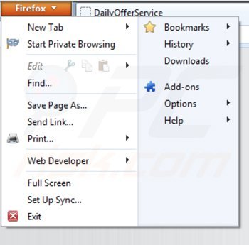 Suppression des publicités par dailyofferservice dans Mozilla Firefox étape 1